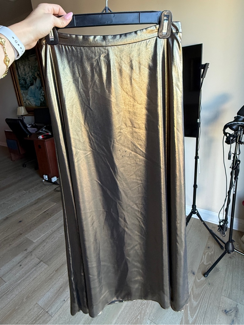 Wilfred Metallic Bronze Satin Midi Skirt